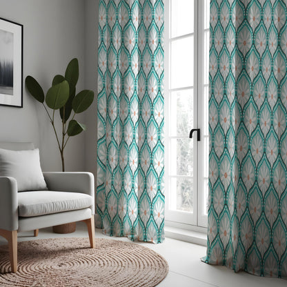 Teal Retro Daisy Curtains, Geometric Floral Window Drapes