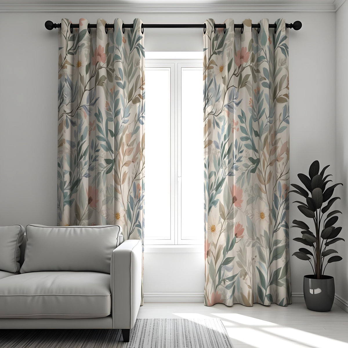 Soft Pastel Botanical Curtains, Leaf & Flower Custom Drapes