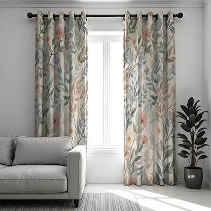Soft Pastel Botanical Curtains, Leaf & Flower Custom Drapes