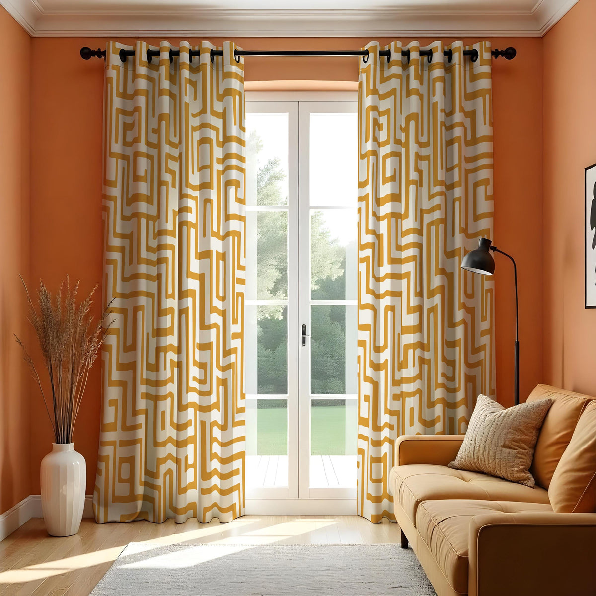 Mustard Yellow Maze Curtains, Abstract Geometric Drapes