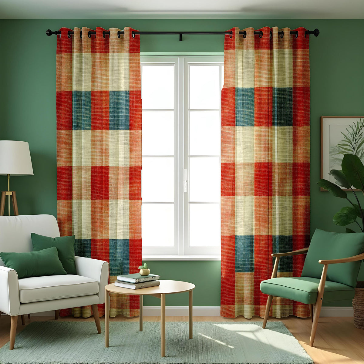 Rustic Earth Tone Striped Curtains, Checkered Boho Drapes