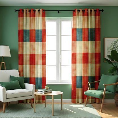 Rustic Earth Tone Striped Curtains, Checkered Boho Drapes