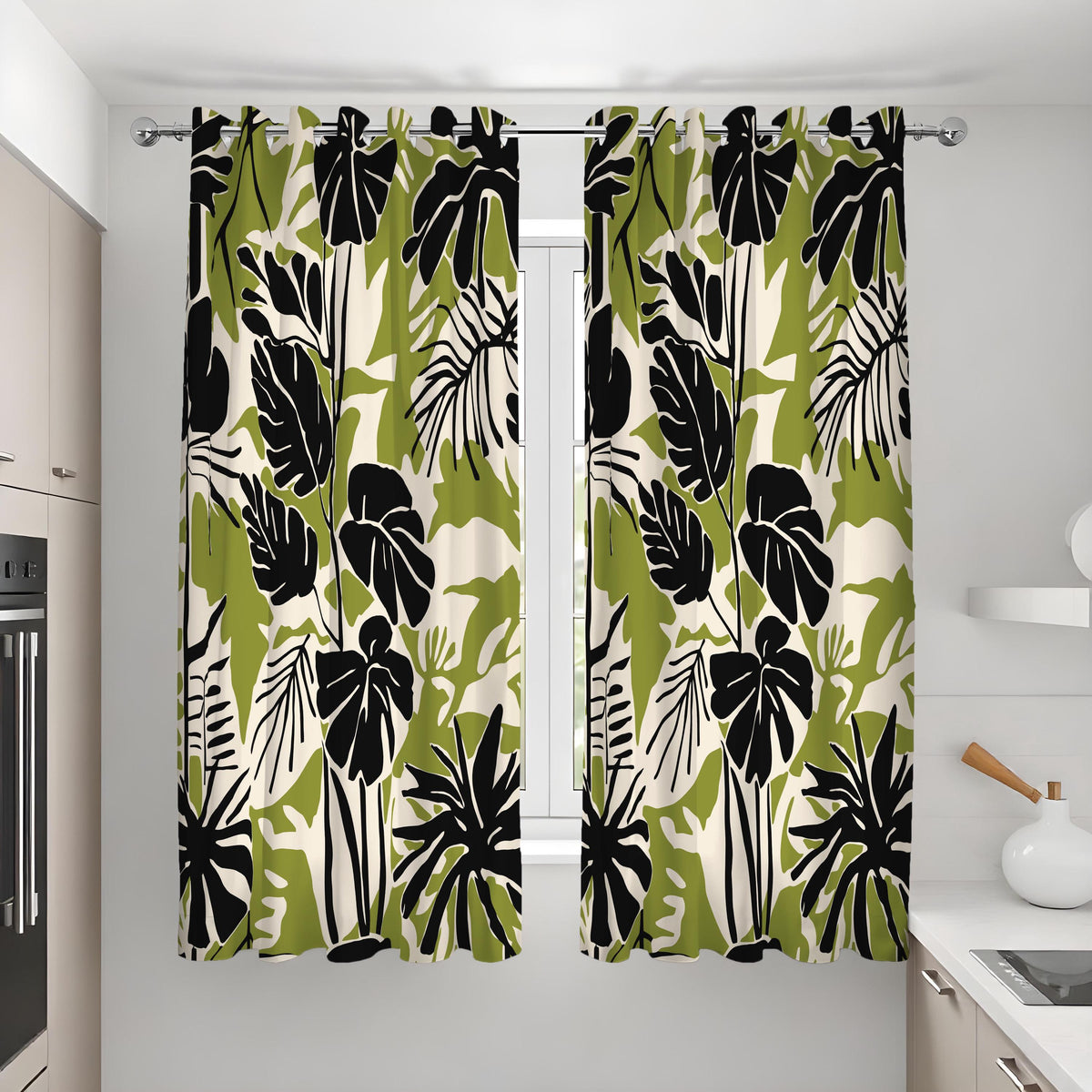 Green & Black Monstera Curtains, Tropical Leaf Print Drapes