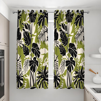 Green & Black Monstera Curtains, Tropical Leaf Print Drapes
