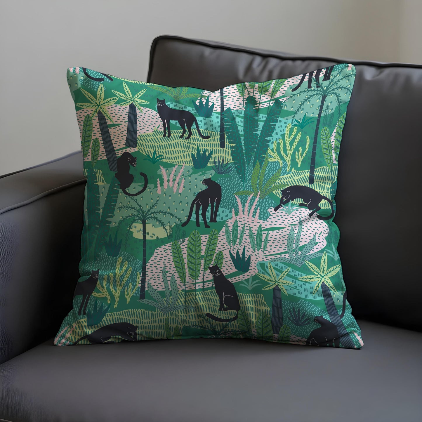 Jungle Panther Cushion Cover, Green Tropical Safari Pillow Cover