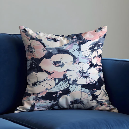 Watercolor Floral Cushion Cover, Blush & Navy Flower Print Pillowcase