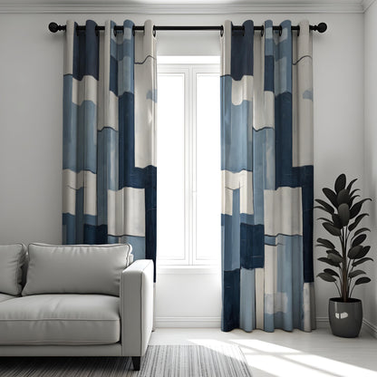 Navy & Ivory Block Pattern Curtains, Modern Custom Drapes