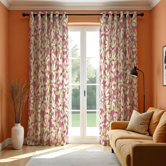 Pink & Cream Floral Botanical Curtains, Leaf Print Drapes