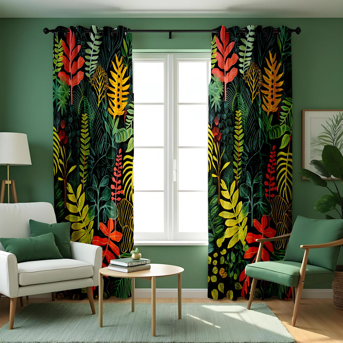Colorful Tropical Leaf Curtains, Jungle Botanical Drapes
