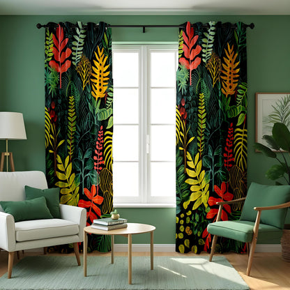 Colorful Tropical Leaf Curtains, Jungle Botanical Drapes