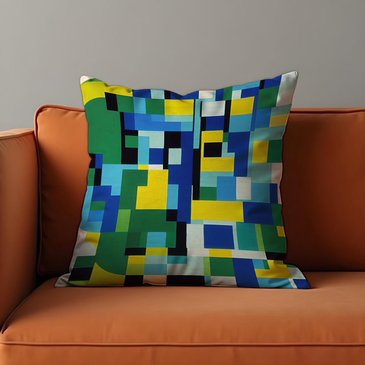 Pixel Art Cushion Cover, Blue Green Grid Pillow Case