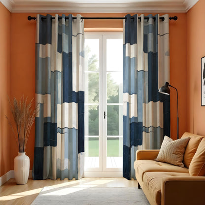 Navy & Ivory Block Pattern Curtains, Modern Custom Drapes