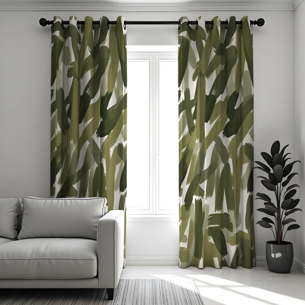 Green Abstract Brushstroke Curtains, Modern Artistic Drapes