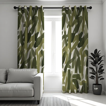 Green Abstract Brushstroke Curtains, Modern Artistic Drapes