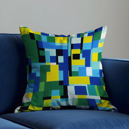 Pixel Art Cushion Cover, Blue Green Grid Pillow Case