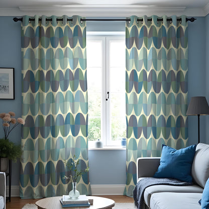Teal & Olive Retro Oval Curtains, Mid Century Drapes
