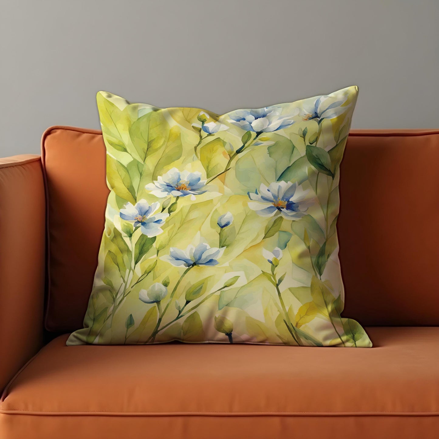 Lemon Yellow Floral Cushion Cover, Soft Blue Flowers Pillow Case