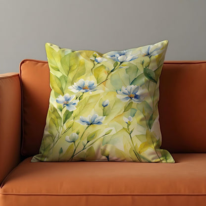 Lemon Yellow Floral Cushion Cover, Soft Blue Flowers Pillow Case