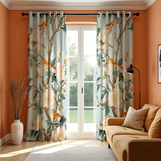 Yellow Bird Magnolia Curtains, Chinoiserie Floral Drapes