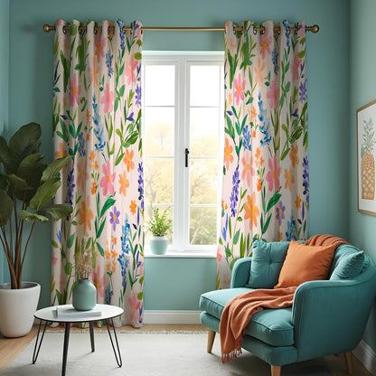 Pink & Blue Wildflower Curtains, Watercolor Botanical Drapes
