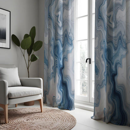 Blue Grey Marble Curtains, Fluid Abstract Custom Drapes