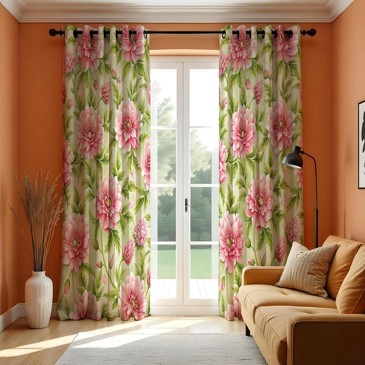 Pink Flower Curtains, Green Botanical Made to Measure Drapes
