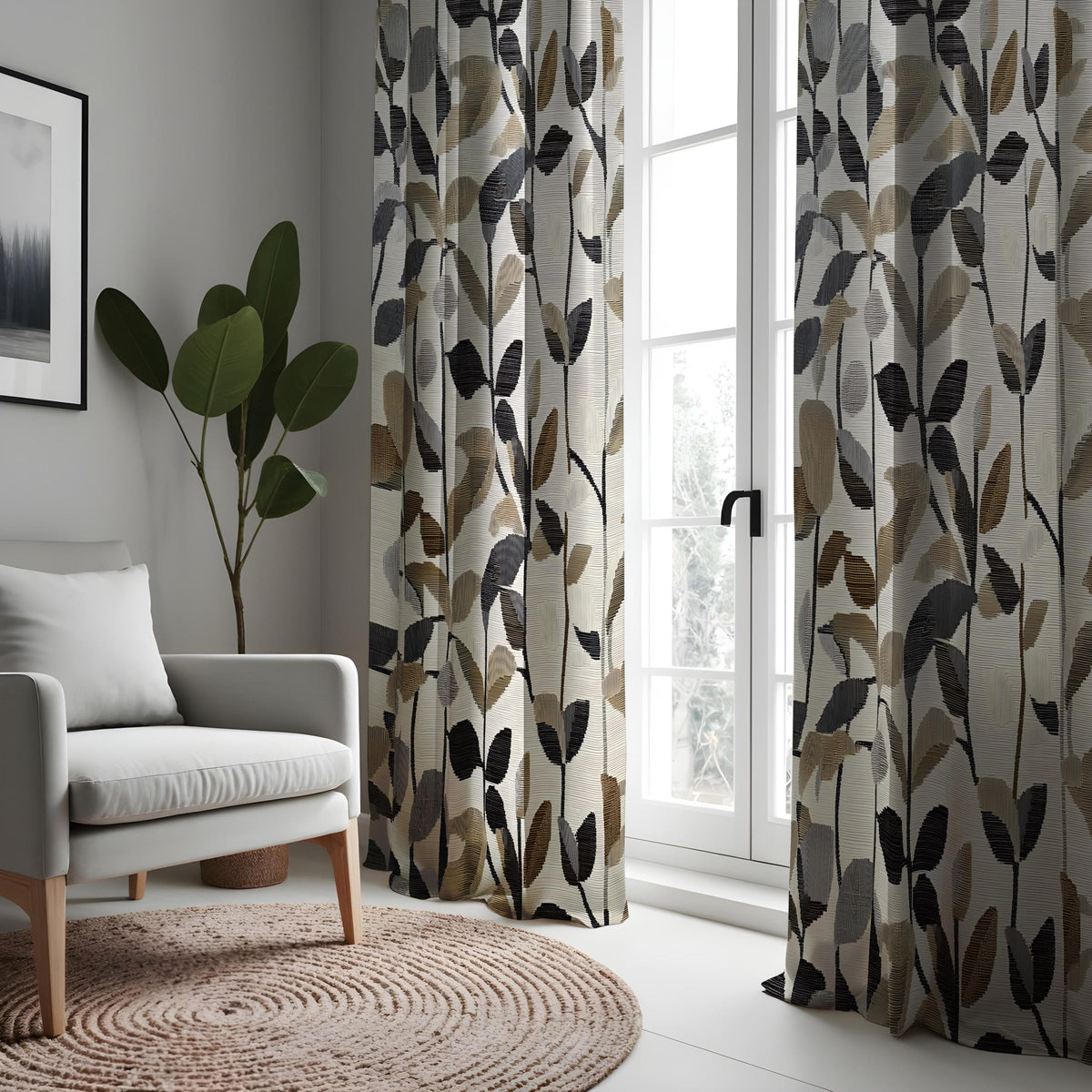 Beige & Black Leaf Print Curtains, Neutral Botanical Drapes