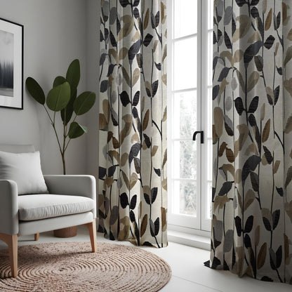 Beige & Black Leaf Print Curtains, Neutral Botanical Drapes