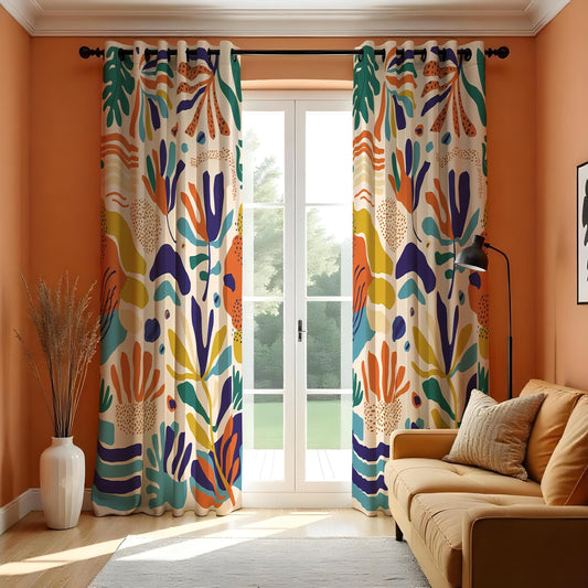 Tropical Abstract Leaf Curtains, Vibrant Botanical Drapes