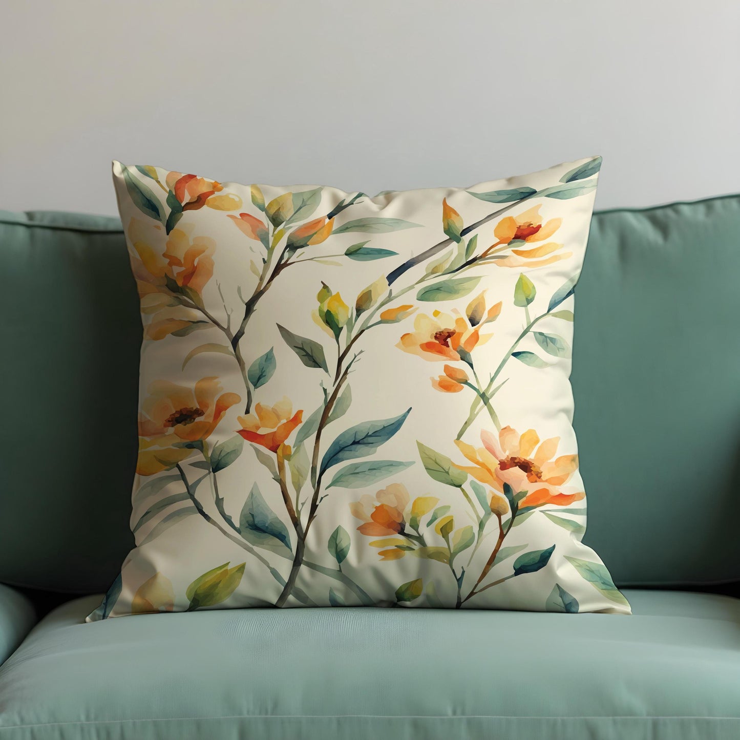 Spring Floral Cushion Cover, Orange & Yellow Watercolor Flowers Pillow Case