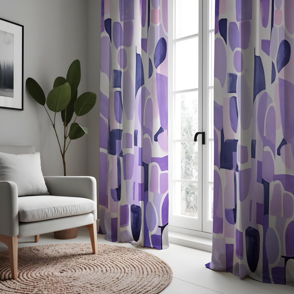 Purple Abstract Geometric Curtains, Modern Art Drapes