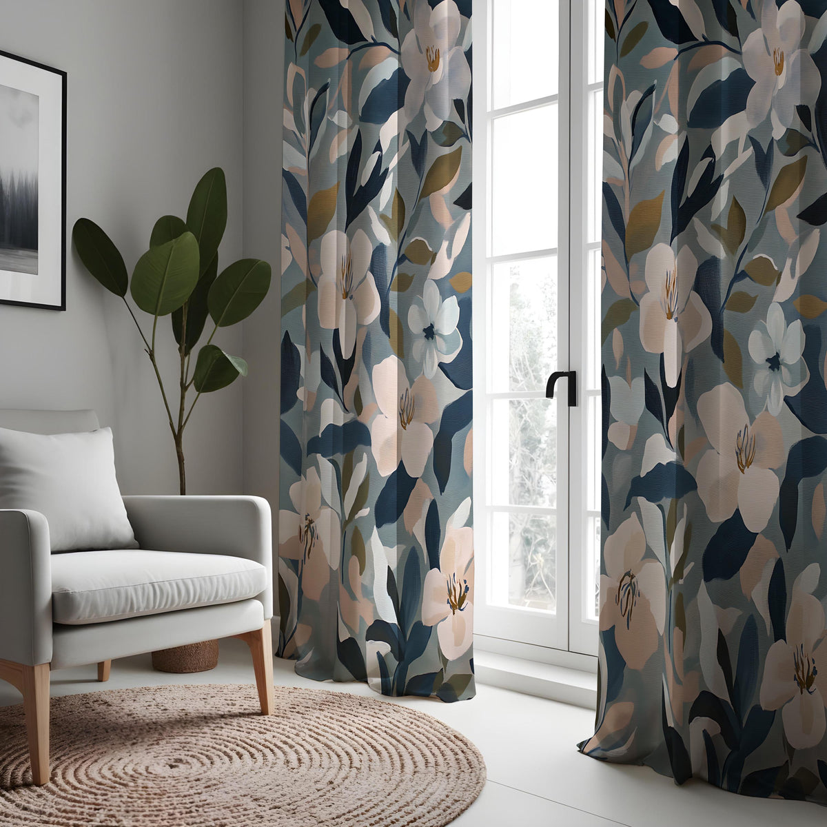Navy Blue & Beige Floral Curtains, Abstract Leaf Drapes