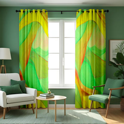 Green Yellow Fluid Wave Curtains, Abstract Window Drapes