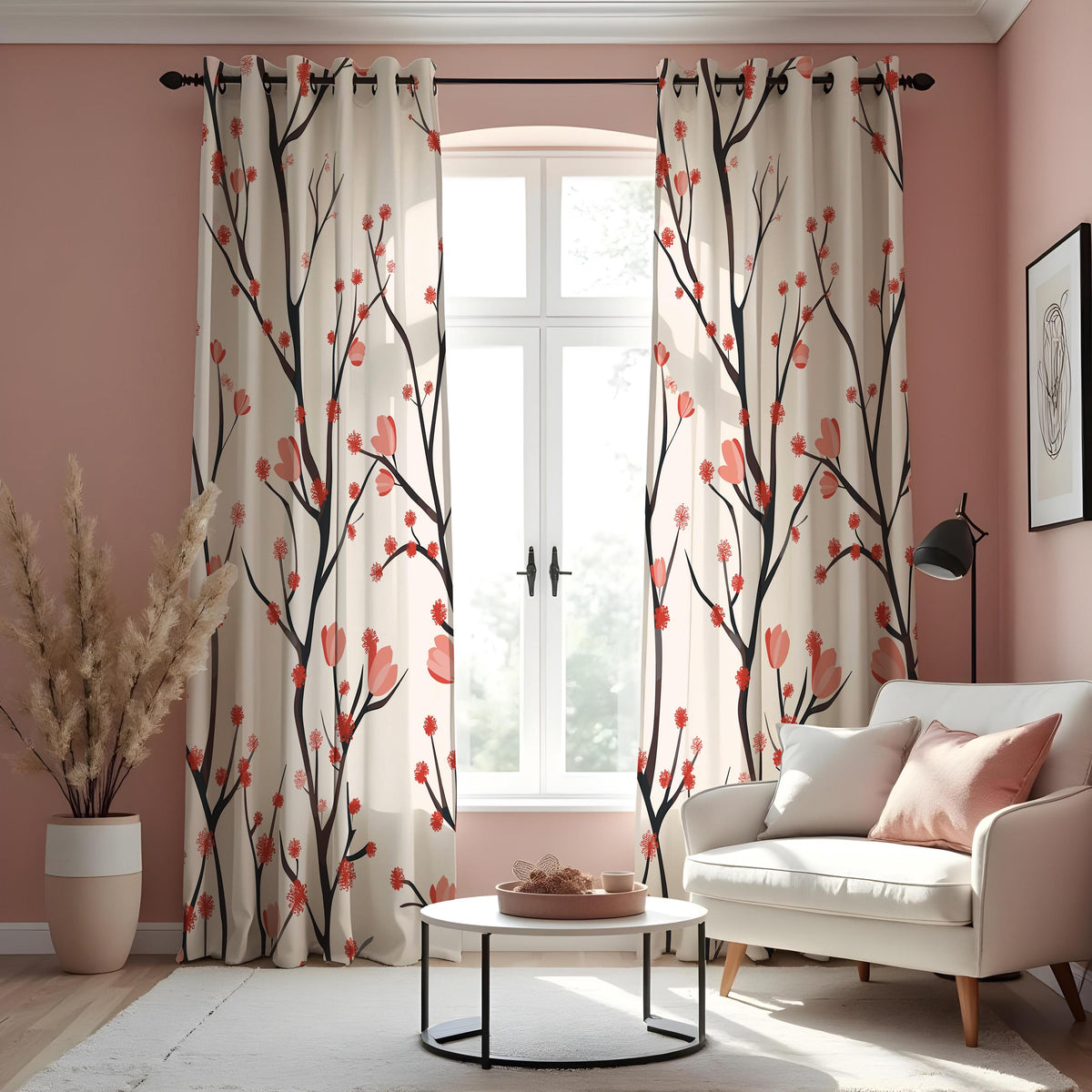 Bird and Branch Curtains, Beige & Red Botanical Tree Drapes