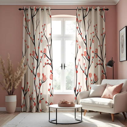 Bird and Branch Curtains, Beige & Red Botanical Tree Drapes