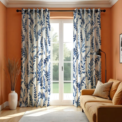 Blue Watercolor Leaf Curtains, Botanical Nature Drapes
