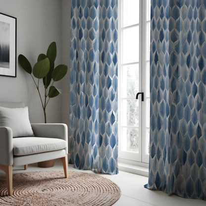 Blue Geometric Leaf Curtains, Modern Pattern Window Drapes
