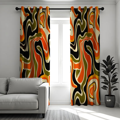 70s Retro Psychedelic Swirl Curtains, Orange Olive Drapes