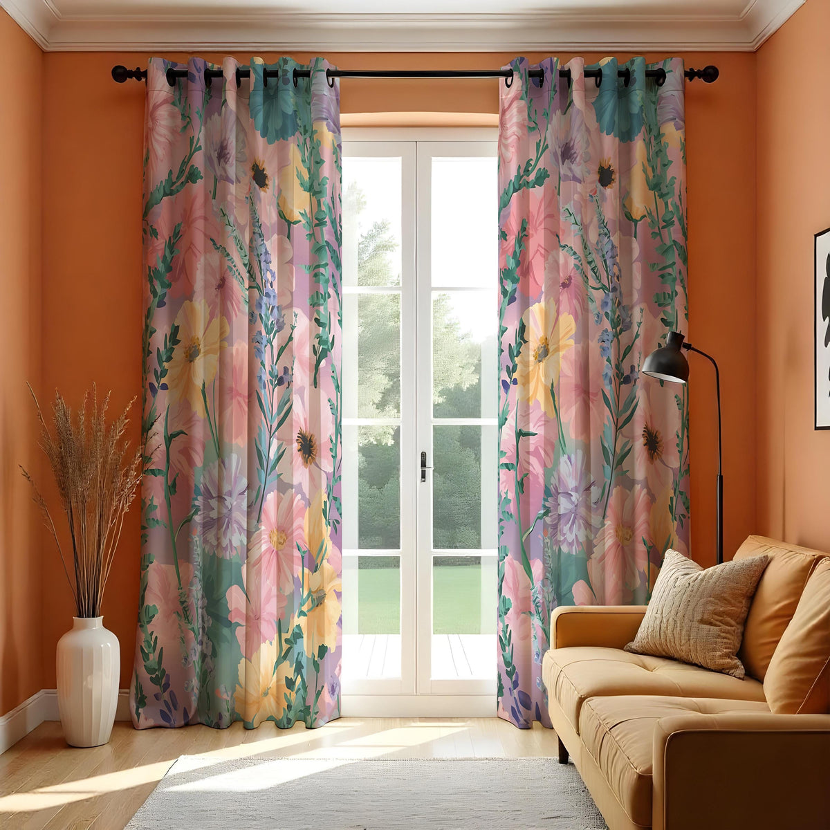 Pastel Pink & Yellow Wildflower Curtains, Watercolor Drapes