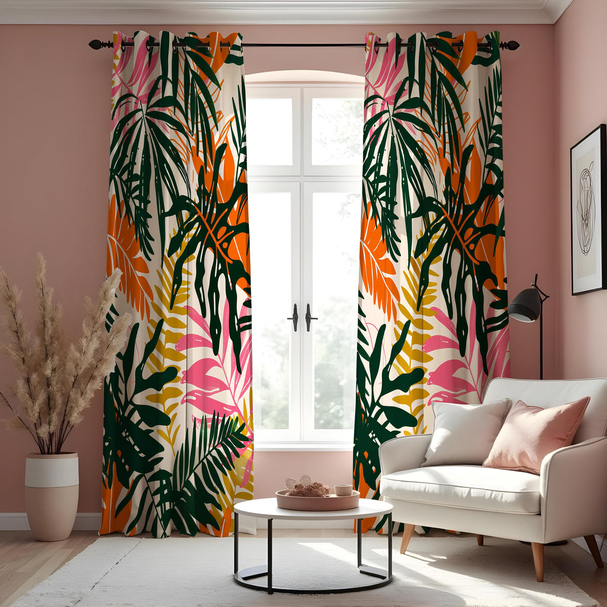 Green Tropical Leaf Curtains, Orange & Pink Botanical Drapes