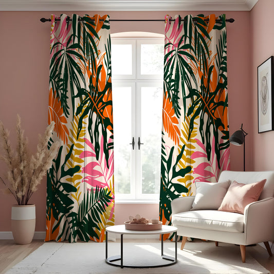 Green Tropical Leaf Curtains, Orange & Pink Botanical Drapes