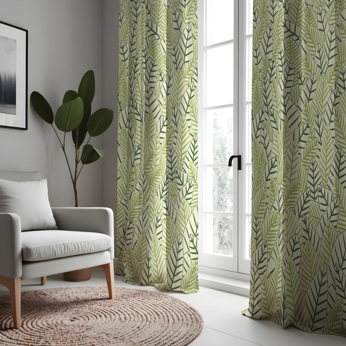 Green Leaf Print Curtains, Tropical Jungle Botanical Drapes