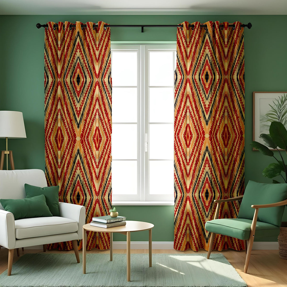 Red Beige Boho Ikat Curtains, Tribal Diamond Window Drapes