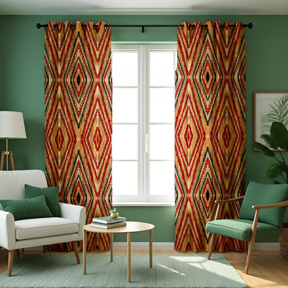 Red Beige Boho Ikat Curtains, Tribal Diamond Window Drapes