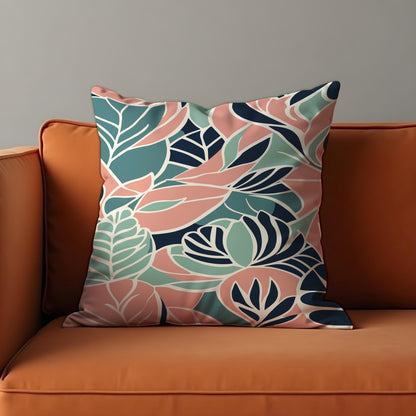 Tropical Leaf Cushion Cover, Bold Coral & Mint Botanical Pillowcase