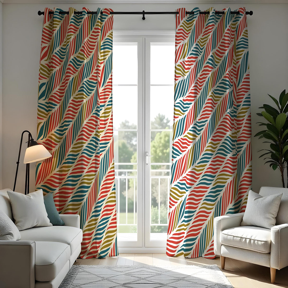 Colorful Retro Stripe Curtains, Multicolor Custom Drapes