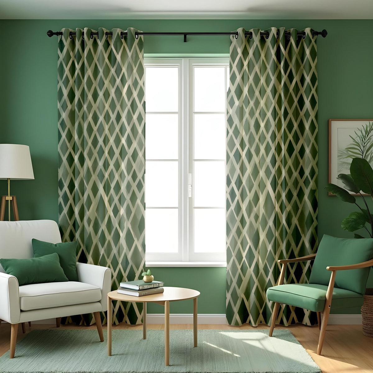 Sage Green Lattice Curtains, Geometric Neutral Drapes