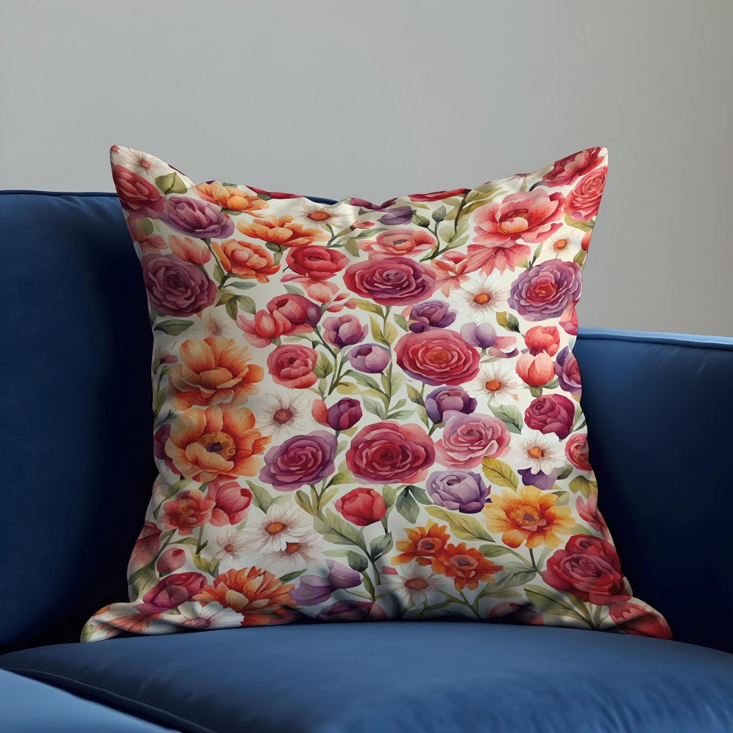Colorful Garden Floral Cushion Cover, Purple & Orange Flowers Pillow Case
