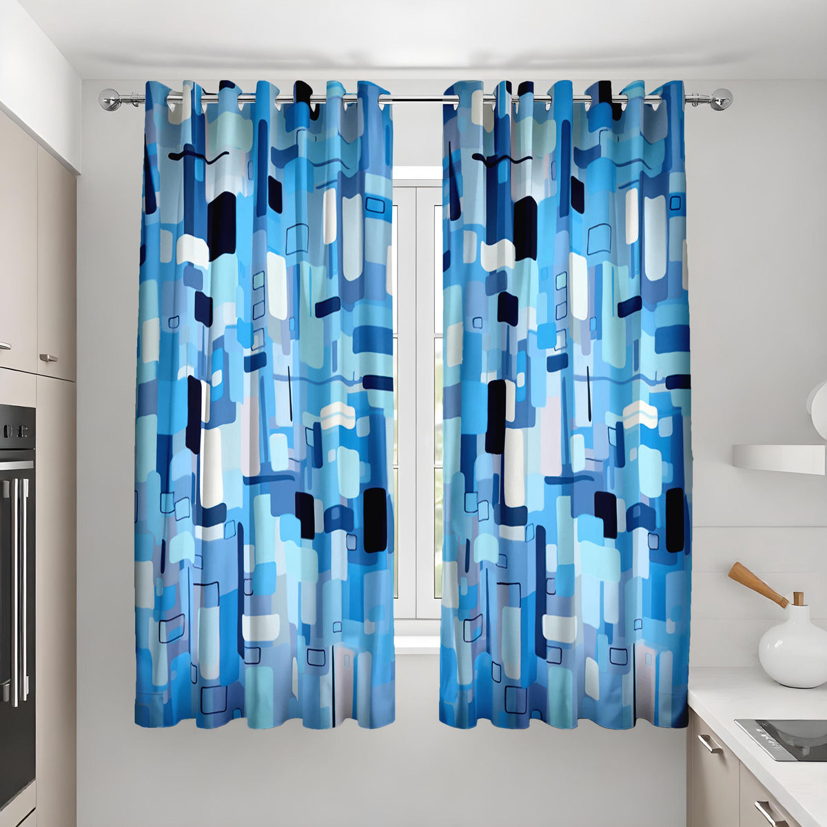 Blue Abstract Geometric Curtains, Mid Century Modern Drapes