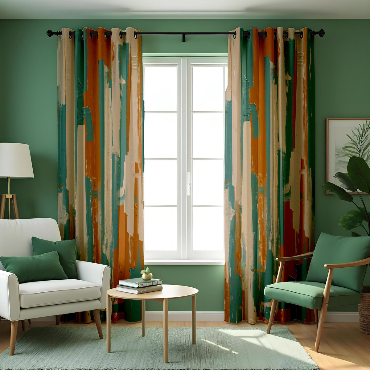 Teal and Rust Brushstroke Curtains, Abstract Art Drapes